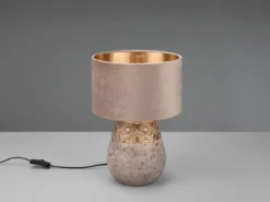LED Tischleuchte Keramikfuß Grau mit Samtschirm Beige Gold, Höhe 38cm