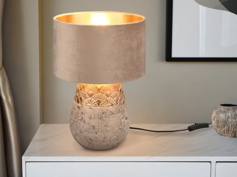 LED Tischleuchte Keramikfuß Grau mit Samtschirm Beige Gold, Höhe 38cm