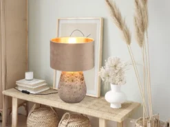 LED Tischleuchte Keramikfuß Grau mit Samtschirm Beige Gold, Höhe 38cm