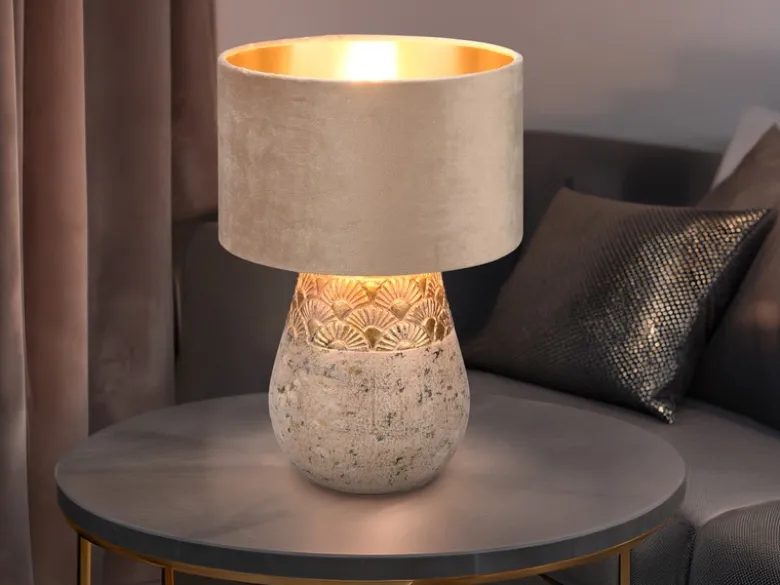 LED Tischleuchte Keramikfuß Grau mit Samtschirm Beige Gold, Höhe 38cm