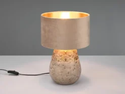 LED Tischleuchte Keramikfuß Grau mit Samtschirm Beige Gold, Höhe 38cm