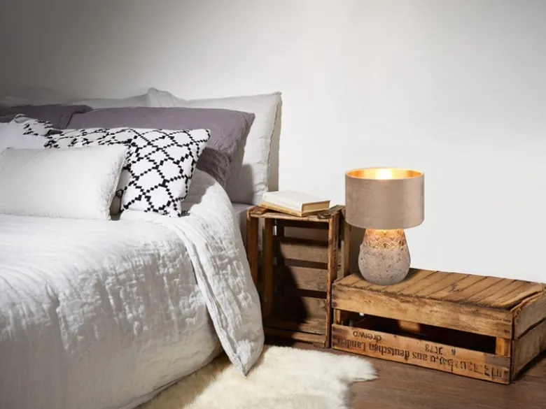 LED Tischleuchte Keramikfuß Grau mit Samtschirm Beige Gold, Höhe 38cm