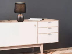 LED Tischleuchte Keramikfuß Silber & Stoffschirm Schwarz, Höhe 26cm