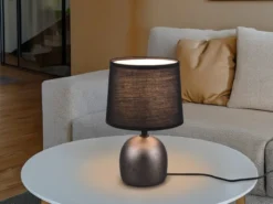 LED Tischleuchte Keramikfuß Silber & Stoffschirm Schwarz, Höhe 26cm