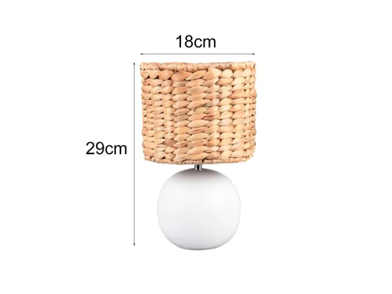 LED Tischleuchte Keramikfuß Weiß mit Seegras Lampenschirm, Höhe 29cm