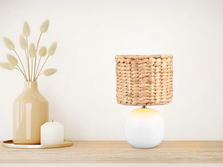 LED Tischleuchte Keramikfuß Weiß mit Seegras Lampenschirm, Höhe 29cm