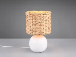 LED Tischleuchte Keramikfuß Weiß mit Seegras Lampenschirm, Höhe 29cm