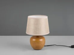 LED Tischleuchte Keramik in Holzoptik mit Stoffschirm Beige, Höhe 26cm