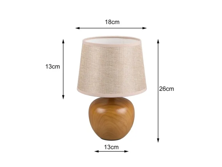 LED Tischleuchte Keramik in Holzoptik mit Stoffschirm Beige, Höhe 26cm