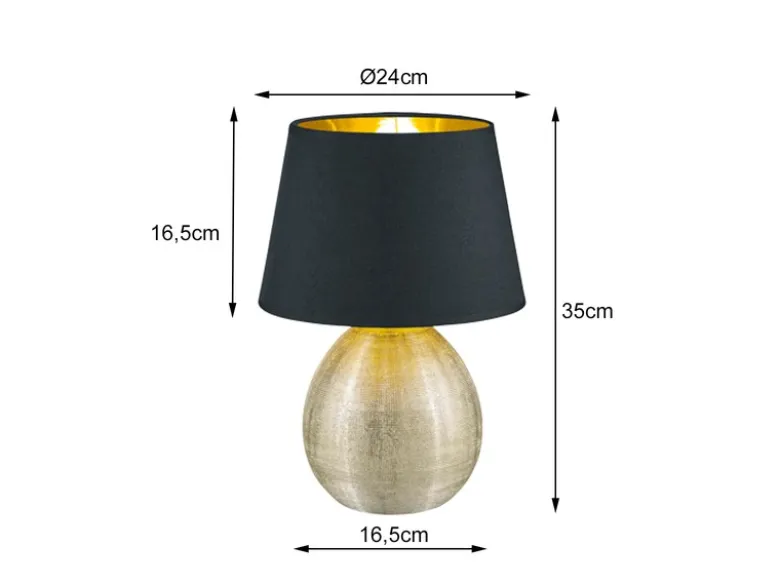 LED Tischleuchte Keramik mit Stoffschirm Schwarz innen Gold, Höhe 35cm