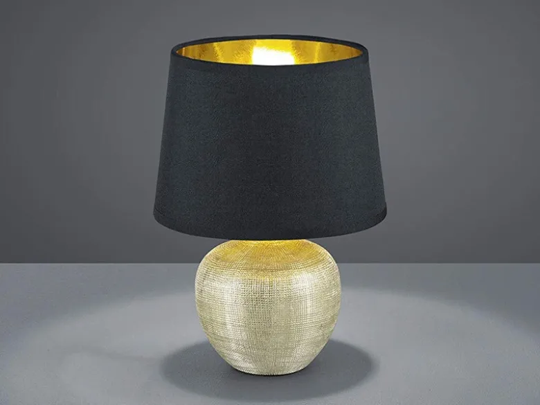 LED Tischleuchte Keramik mit Stoffschirm Schwarz innen Gold, Höhe 35cm