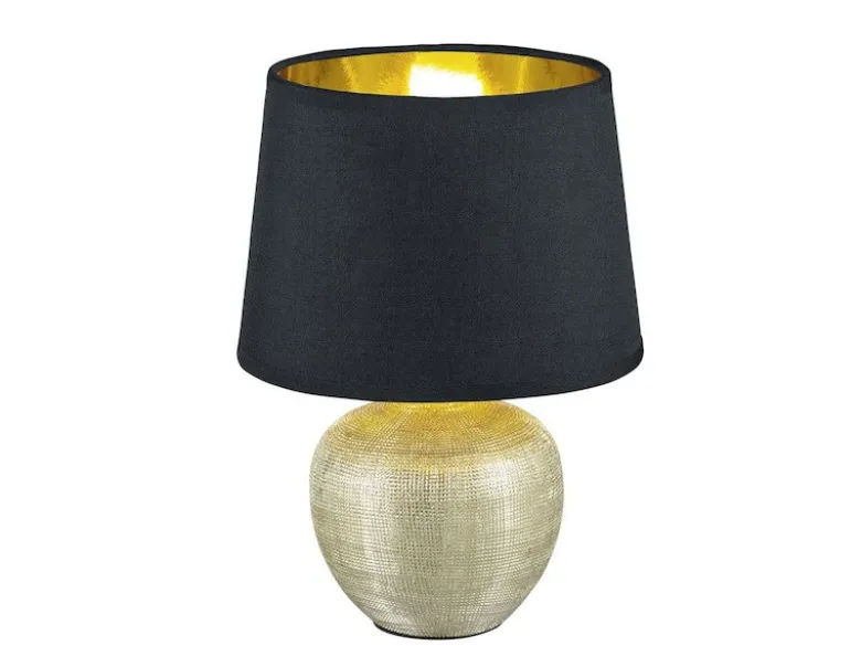 LED Tischleuchte Keramik mit Stoffschirm Schwarz innen Gold, Höhe 35cm