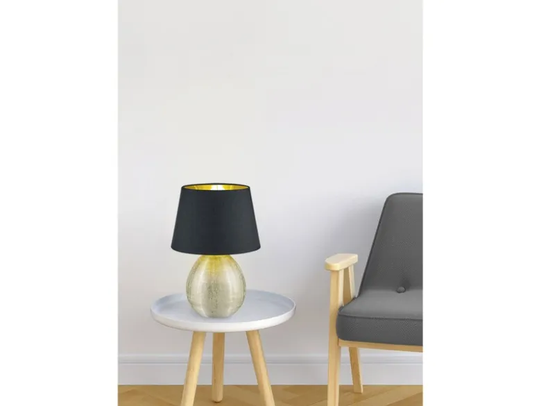 LED Tischleuchte Keramik mit Stoffschirm Schwarz innen Gold, Höhe 35cm