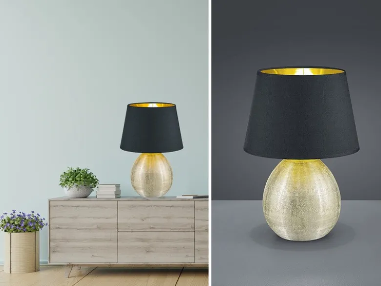 LED Tischleuchte Keramik mit Stoffschirm Schwarz innen Gold, Höhe 35cm
