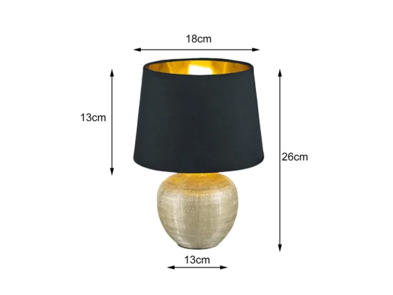 LED Tischleuchte Keramik mit Stoffschirm Schwarz innen Gold, Höhe 26cm