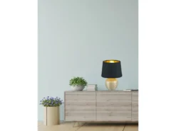 LED Tischleuchte Keramik mit Stoffschirm Schwarz innen Gold, Höhe 26cm