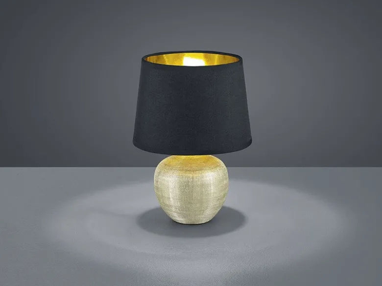 LED Tischleuchte Keramik mit Stoffschirm Schwarz innen Gold, Höhe 26cm