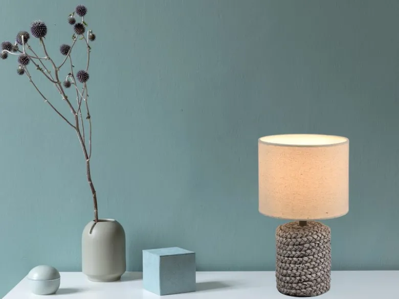 LED Tischleuchte Keramik mit Stoffschirm in Beige, Höhe 26cm
