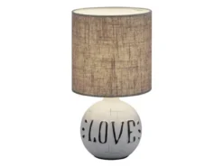LED Tischleuchte Keramik-Sockel Schriftzug LOVE Stoffschirm Braun, Höhe 31cm