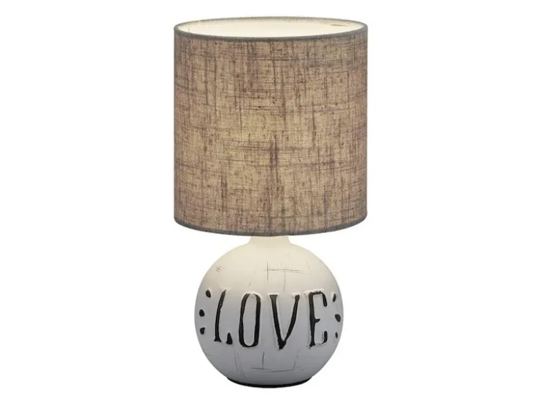 LED Tischleuchte Keramik-Sockel Schriftzug LOVE Stoffschirm Braun, Höhe 31cm