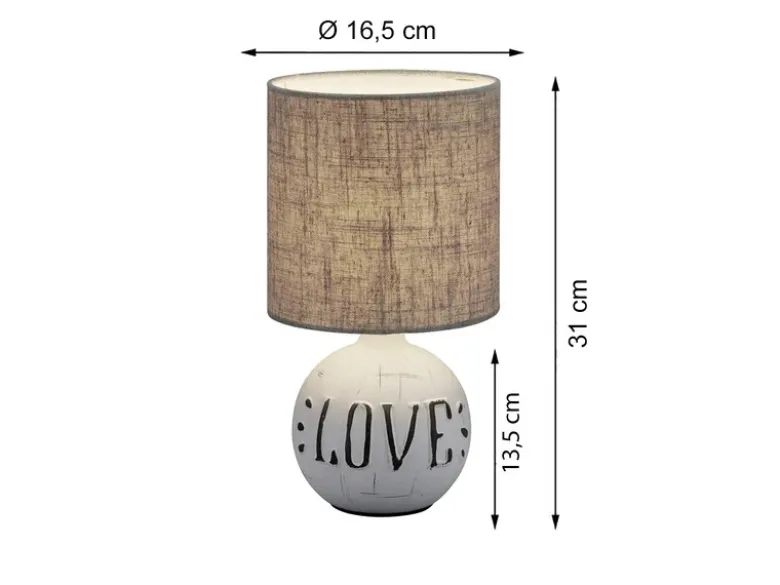 LED Tischleuchte Keramik-Sockel Schriftzug LOVE Stoffschirm Braun, Höhe 31cm