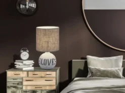 LED Tischleuchte Keramik-Sockel Schriftzug LOVE Stoffschirm Braun, Höhe 31cm