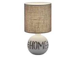 LED Tischleuchte Keramik-Sockel Schriftzug HOME Stoffschirm Braun, Höhe 31cm
