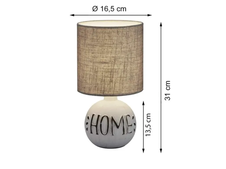 LED Tischleuchte Keramik-Sockel Schriftzug HOME Stoffschirm Braun, Höhe 31cm