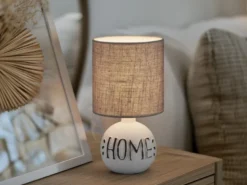 LED Tischleuchte Keramik-Sockel Schriftzug HOME Stoffschirm Braun, Höhe 31cm