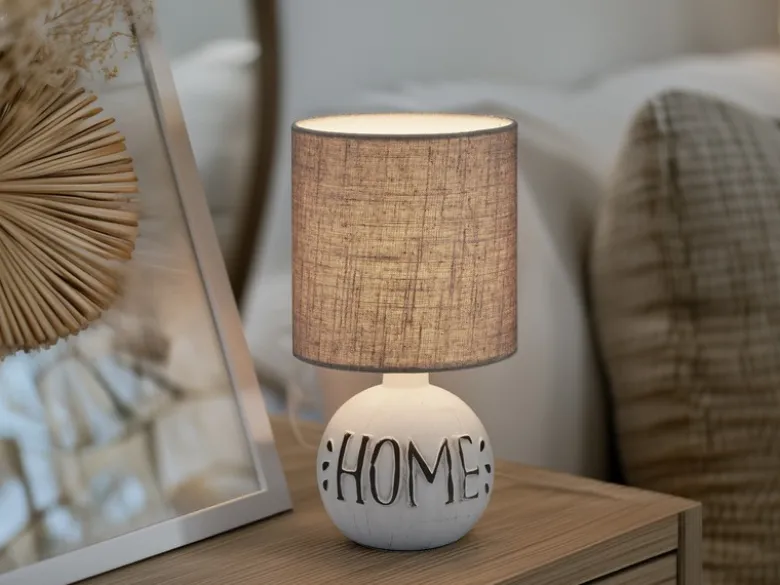LED Tischleuchte Keramik-Sockel Schriftzug HOME Stoffschirm Braun, Höhe 31cm