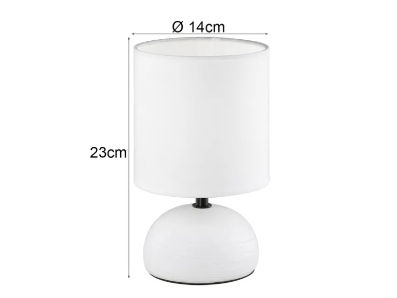 LED Tischleuchte Keramik Weiß runder Stofflampenschirm in Weiß, Höhe 23cm