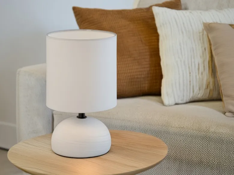 LED Tischleuchte Keramik Weiß runder Stofflampenschirm in Weiß, Höhe 23cm