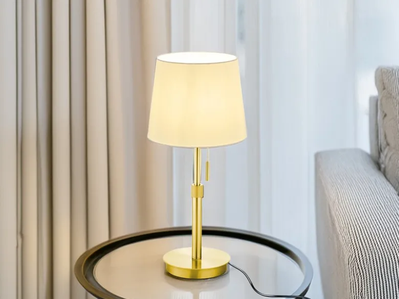 LED Tischleuchte Messing mit Stoffschirm Weiß, Höhe 45-56cm verstellbar