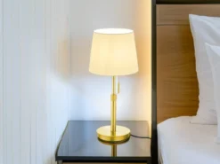 LED Tischleuchte Messing mit Stoffschirm Weiß, Höhe 45-56cm verstellbar