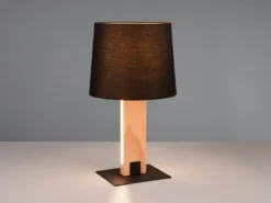 LED Tischleuchte mit beleuchtetem Holzfuß und Stoffschirm, Höhe 50cm