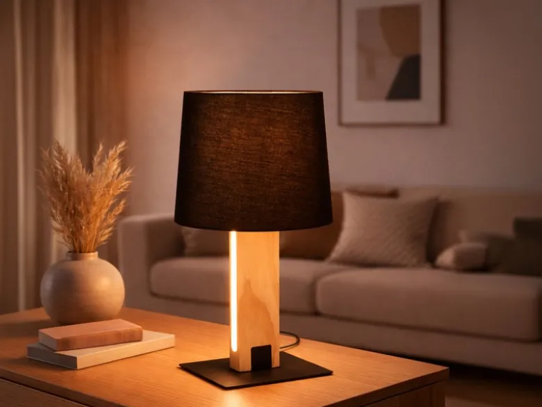 LED Tischleuchte mit beleuchtetem Holzfuß und Stoffschirm, Höhe 50cm