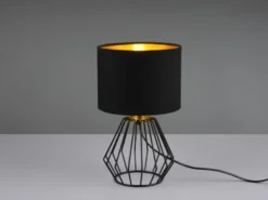 LED Tischleuchte mit Gitterkorpus und Stoffschirm in Schwarz/Gold, Höhe 34cm