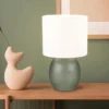 LED Tischleuchte mit Glasfuß Grün und Stoffschirm Weiß, Höhe 29cm