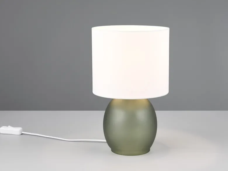 LED Tischleuchte mit Glasfuß Grün und Stoffschirm Weiß, Höhe 29cm