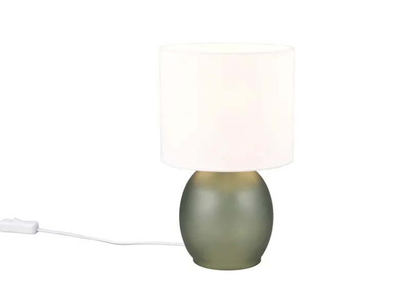 LED Tischleuchte mit Glasfuß Grün und Stoffschirm Weiß, Höhe 29cm