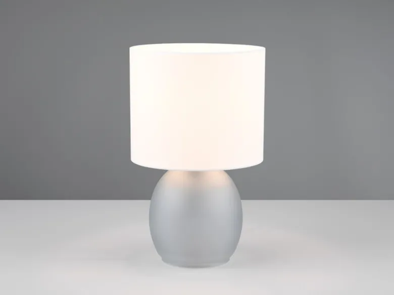 LED Tischleuchte mit Glasfuß Grau und Stoffschirm Weiß, Höhe 29cm