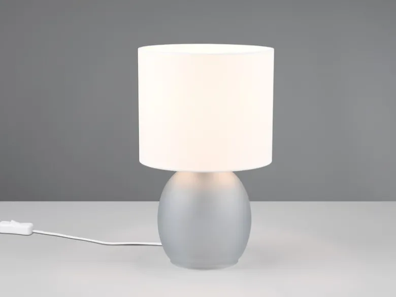 LED Tischleuchte mit Glasfuß Grau und Stoffschirm Weiß, Höhe 29cm