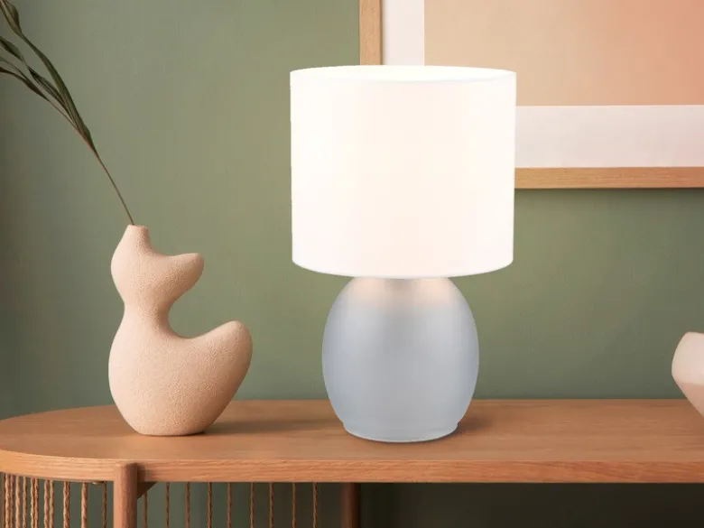 LED Tischleuchte mit Glasfuß Grau und Stoffschirm Weiß, Höhe 29cm