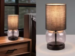LED Tischleuchte mit Glasfuß Rauchglas und Stoffschirm Schwarz, Höhe 28cm