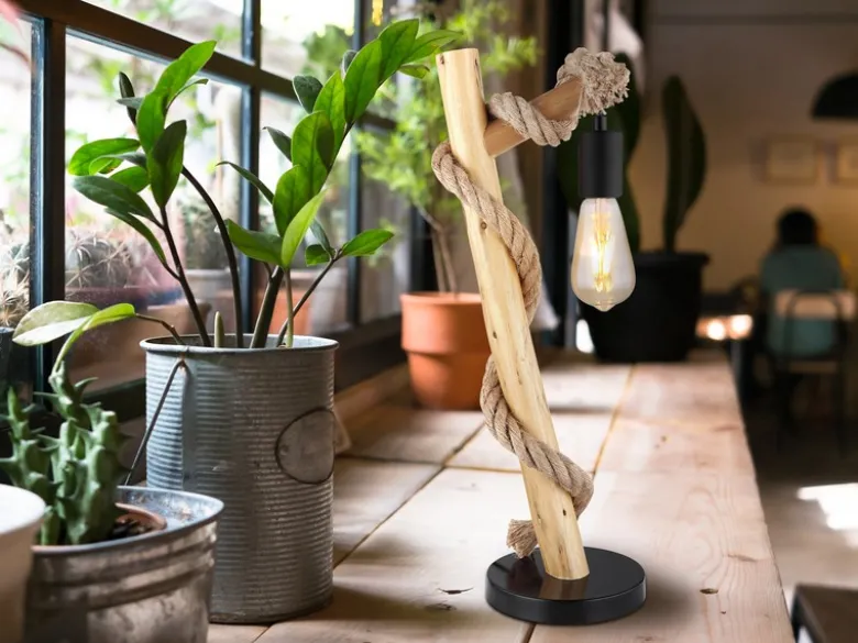LED Tischleuchte mit Hanfseil und Holzstab, Höhe 53,5cm