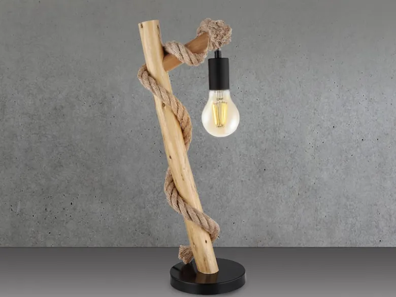 LED Tischleuchte mit Hanfseil und Holzstab, Höhe 53,5cm