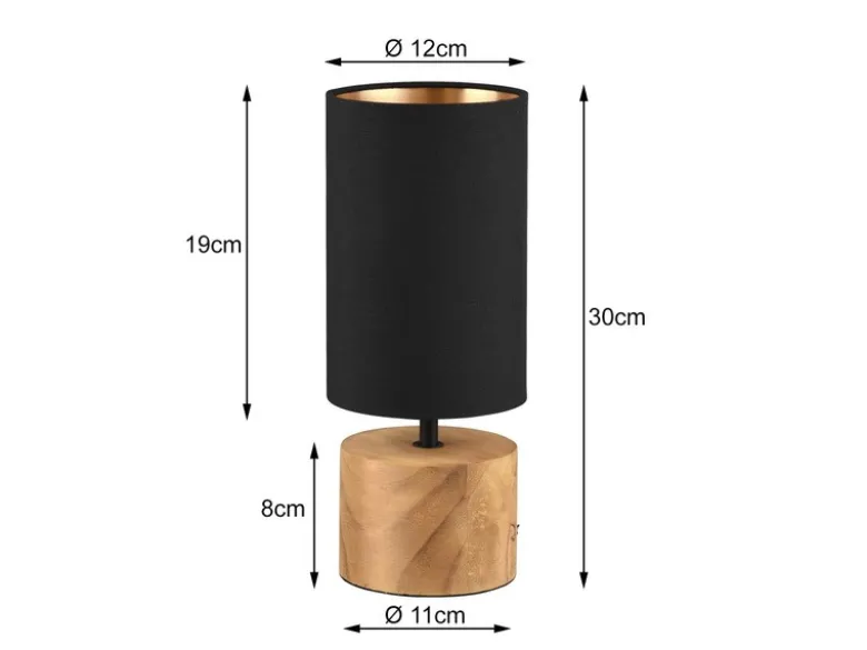 LED Tischleuchte mit Holzfuß & Stoffschirm Schwarz Gold, Höhe 30cm
