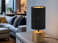 LED Tischleuchte mit Holzfuß & Stoffschirm Schwarz Gold, Höhe 30cm