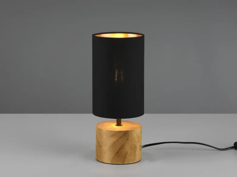 LED Tischleuchte mit Holzfuß & Stoffschirm Schwarz Gold, Höhe 30cm