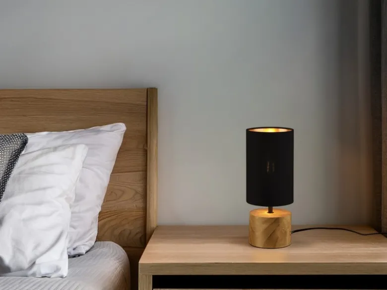 LED Tischleuchte mit Holzfuß & Stoffschirm Schwarz Gold, Höhe 30cm